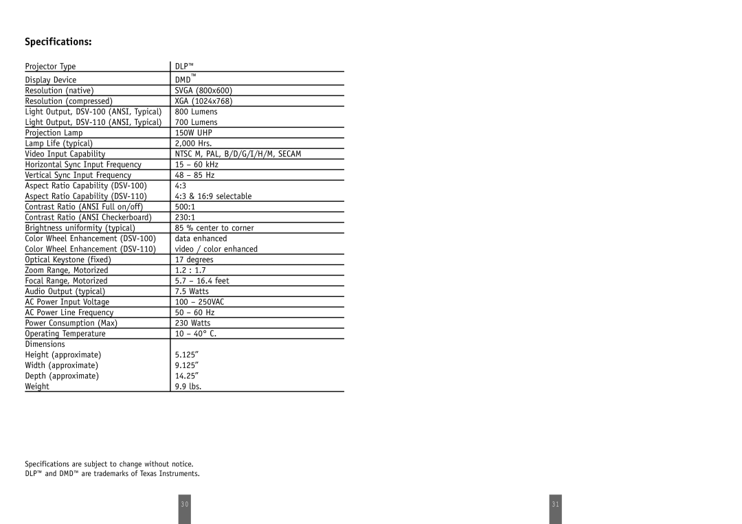 Zenith DSV-110 manual Specifications 