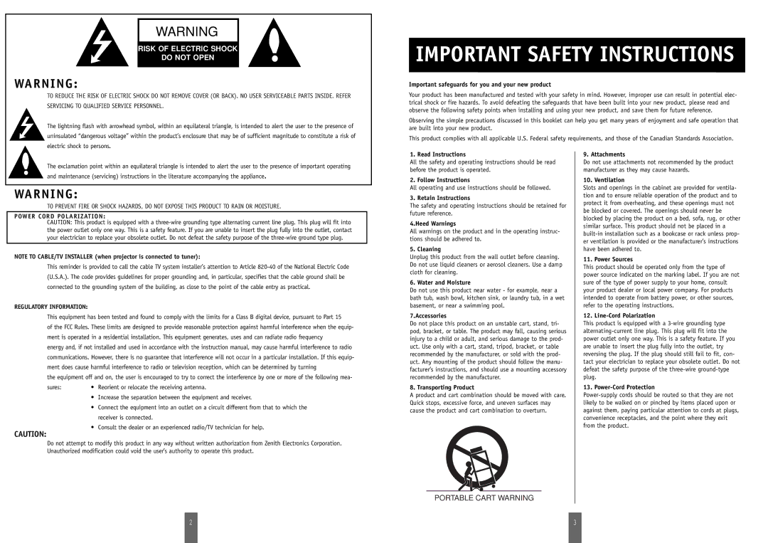 Zenith DSV-110 manual Important Safety Instructions 