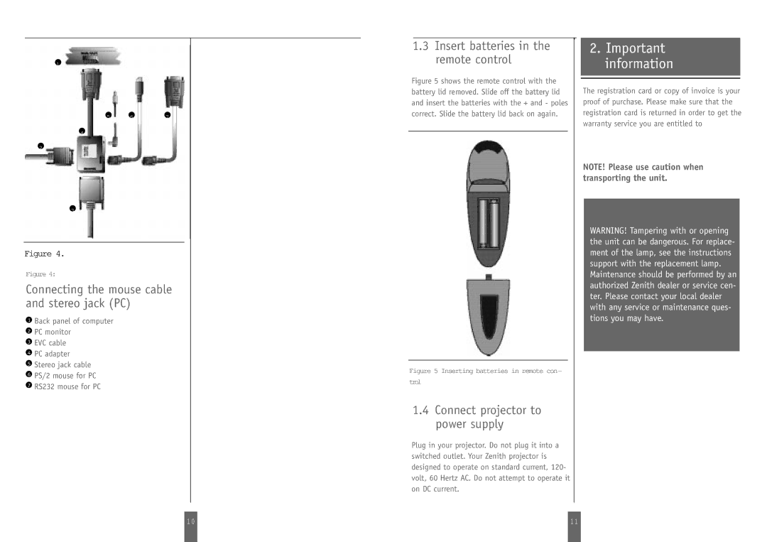 Zenith DSV-110 manual Important information, Insert batteries in the remote control, Connect projector to power supply 