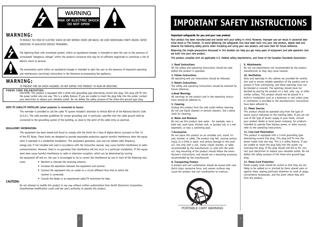 Zenith DSV-110 manual Important Safety Instructions, Risk Of Electric Shock Do Not Open, Portable Cart Warning 