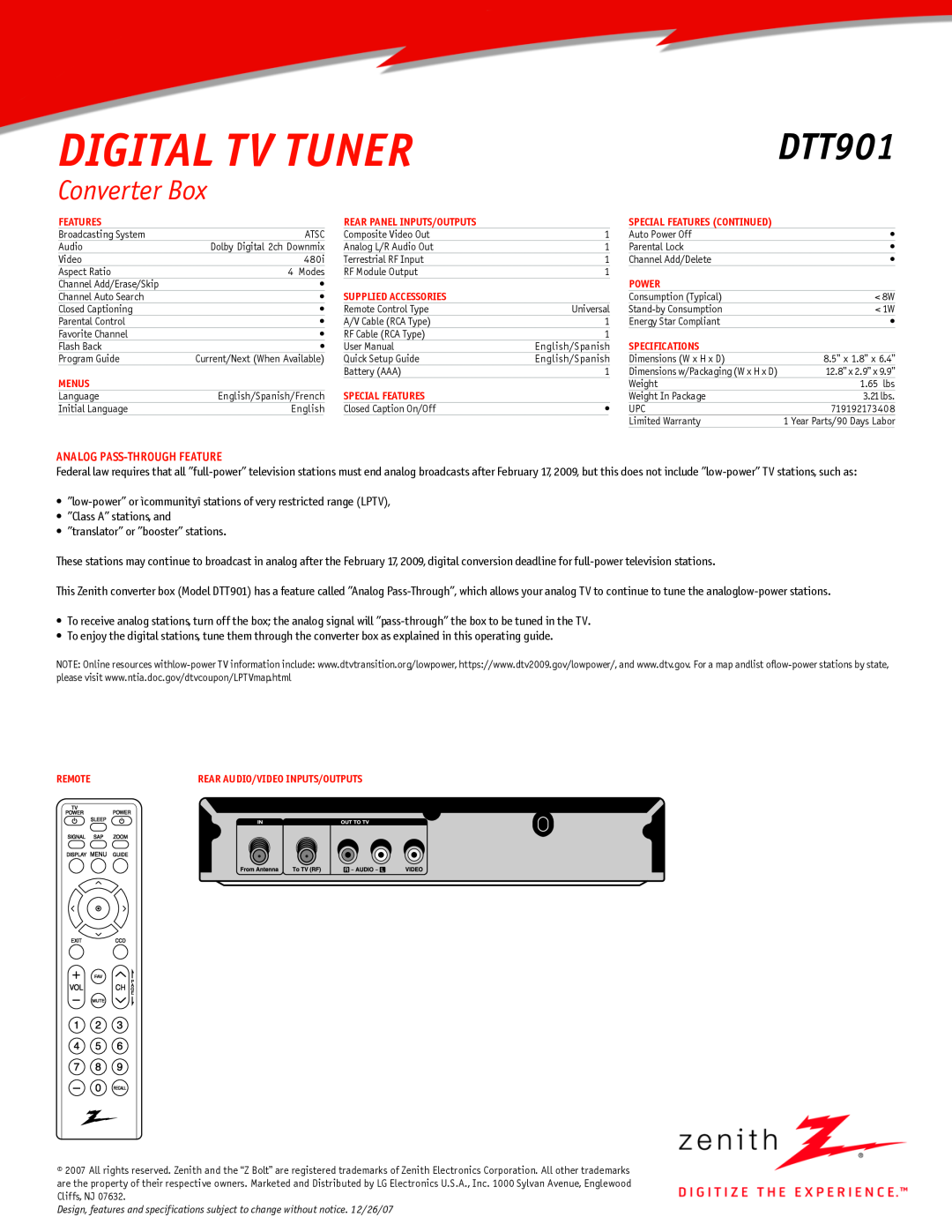 Zenith DTT901 manual Converter Box, Digital Tv Tuner, Analog Pass-Through Feature 