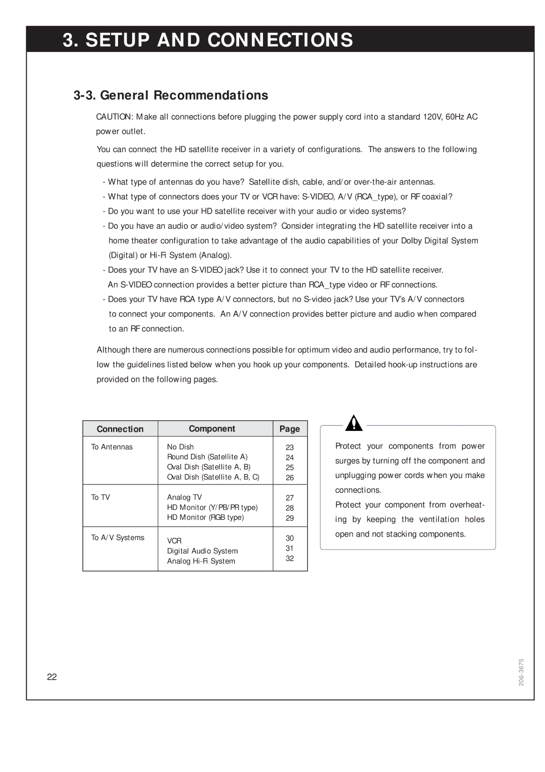 Zenith DTV1080 warranty General Recommendations, Connection Component 