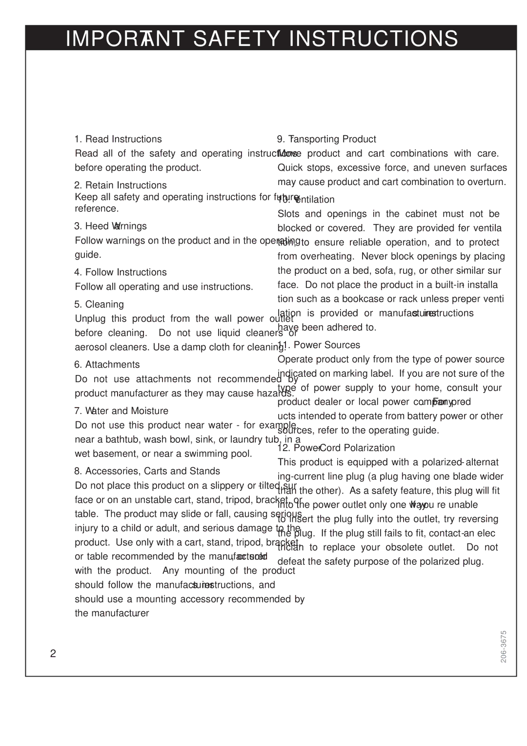 Zenith DTV1080 warranty Important Safety Instructions 