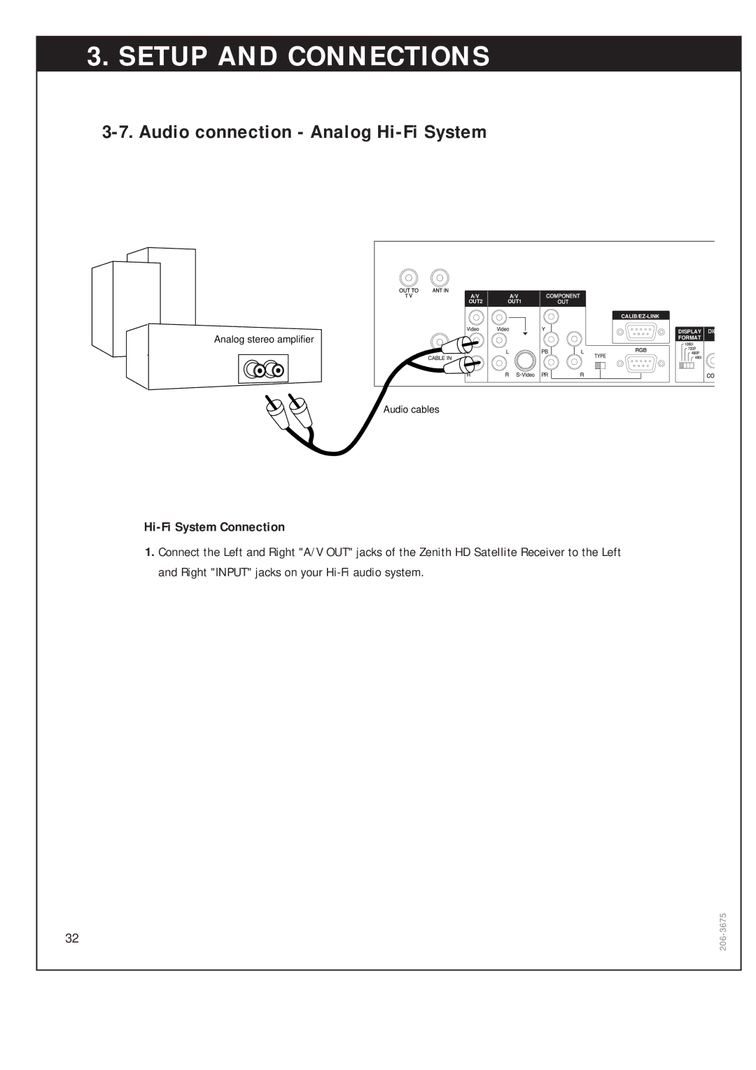 Zenith DTV1080 warranty Audio connection Analog Hi-Fi System, Hi-Fi System Connection 