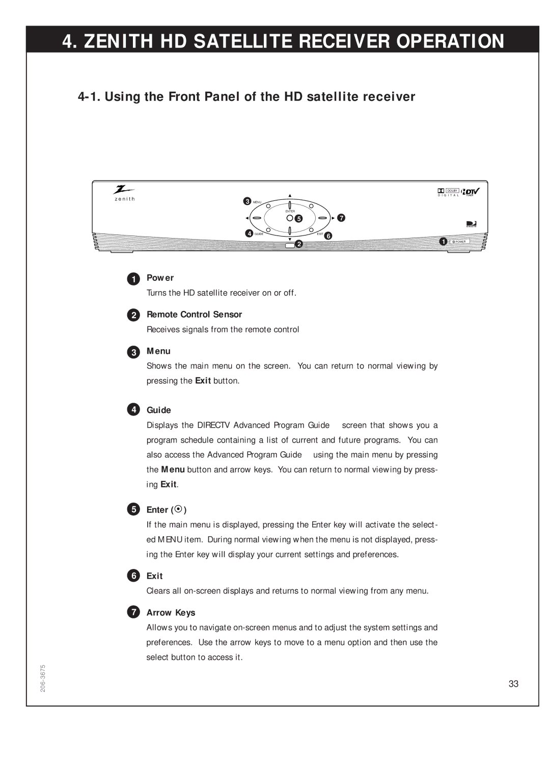 Zenith DTV1080 warranty Using the Front Panel of the HD satellite receiver 