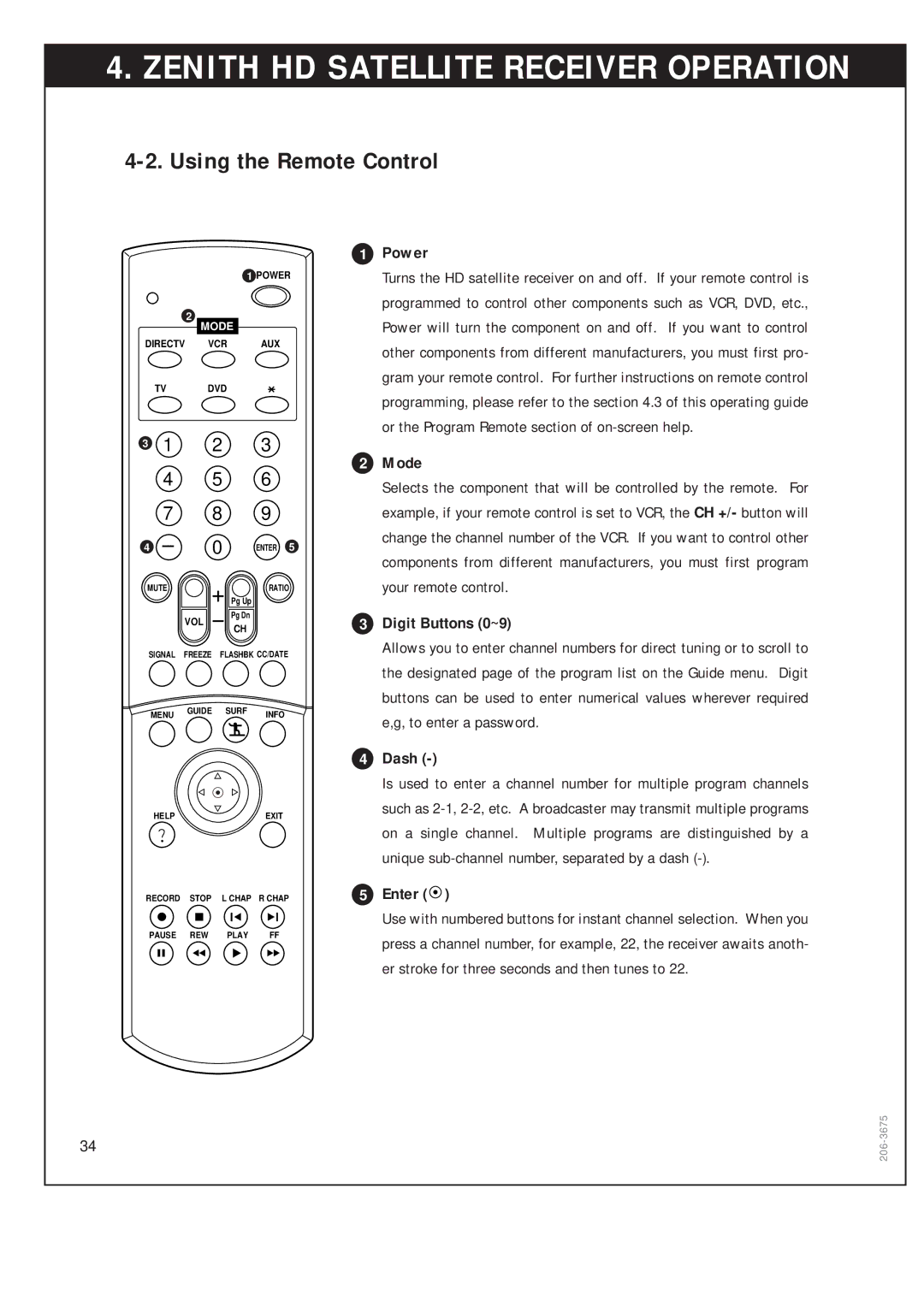 Zenith DTV1080 warranty Using the Remote Control, Mode, Digit Buttons 0~9, Dash 