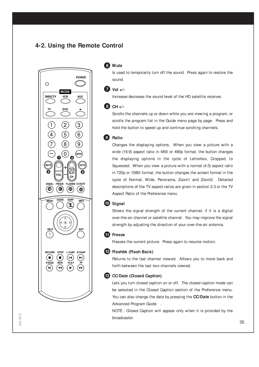 Zenith DTV1080 warranty Mute, Vol +, Ch +, Ratio, Signal, Freeze, Flashbk Flash Back, 13 CC/Date Closed Caption 