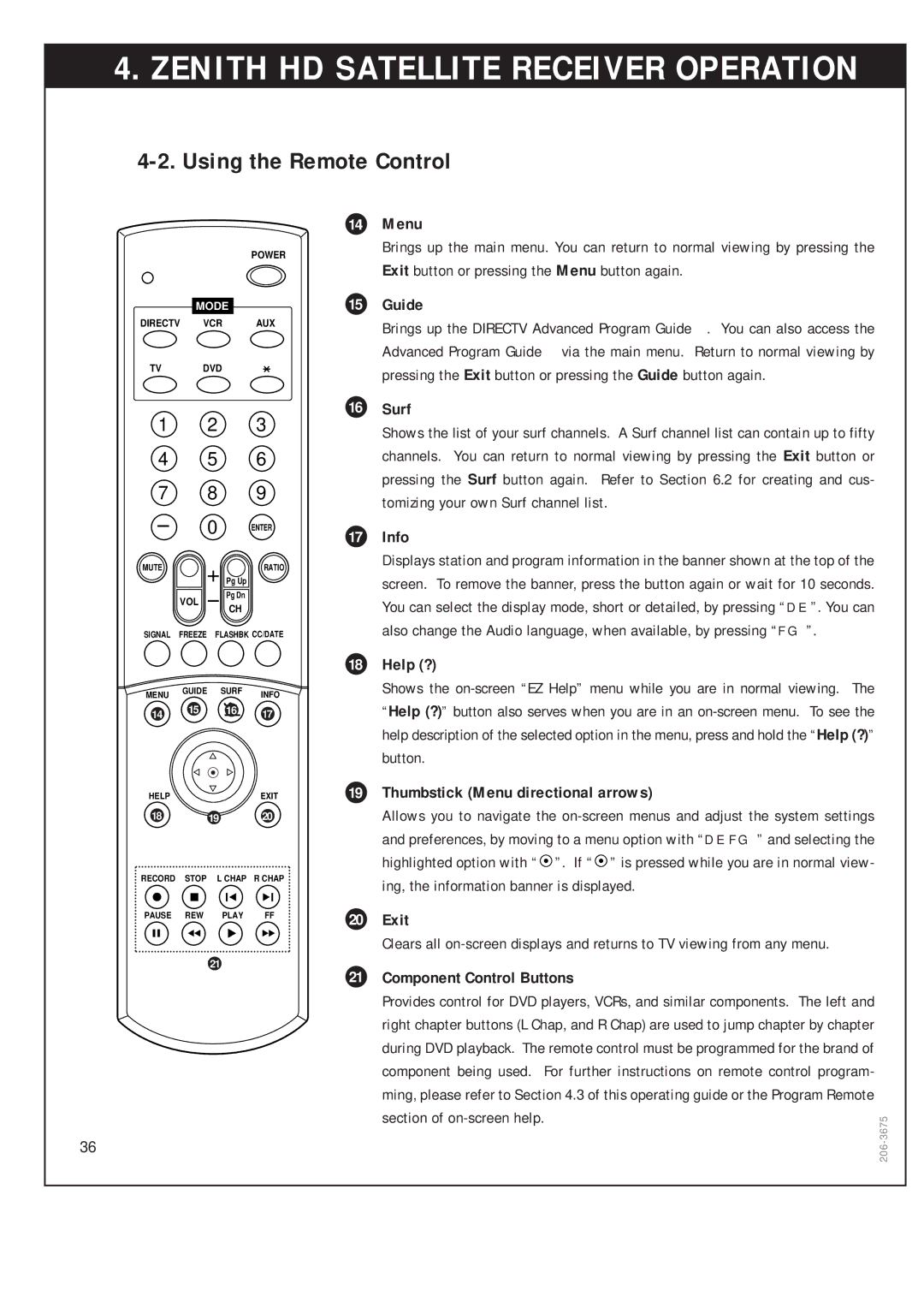 Zenith DTV1080 warranty Surf, Info, Help ?, Thumbstick Menu directional arrows, Component Control Buttons 