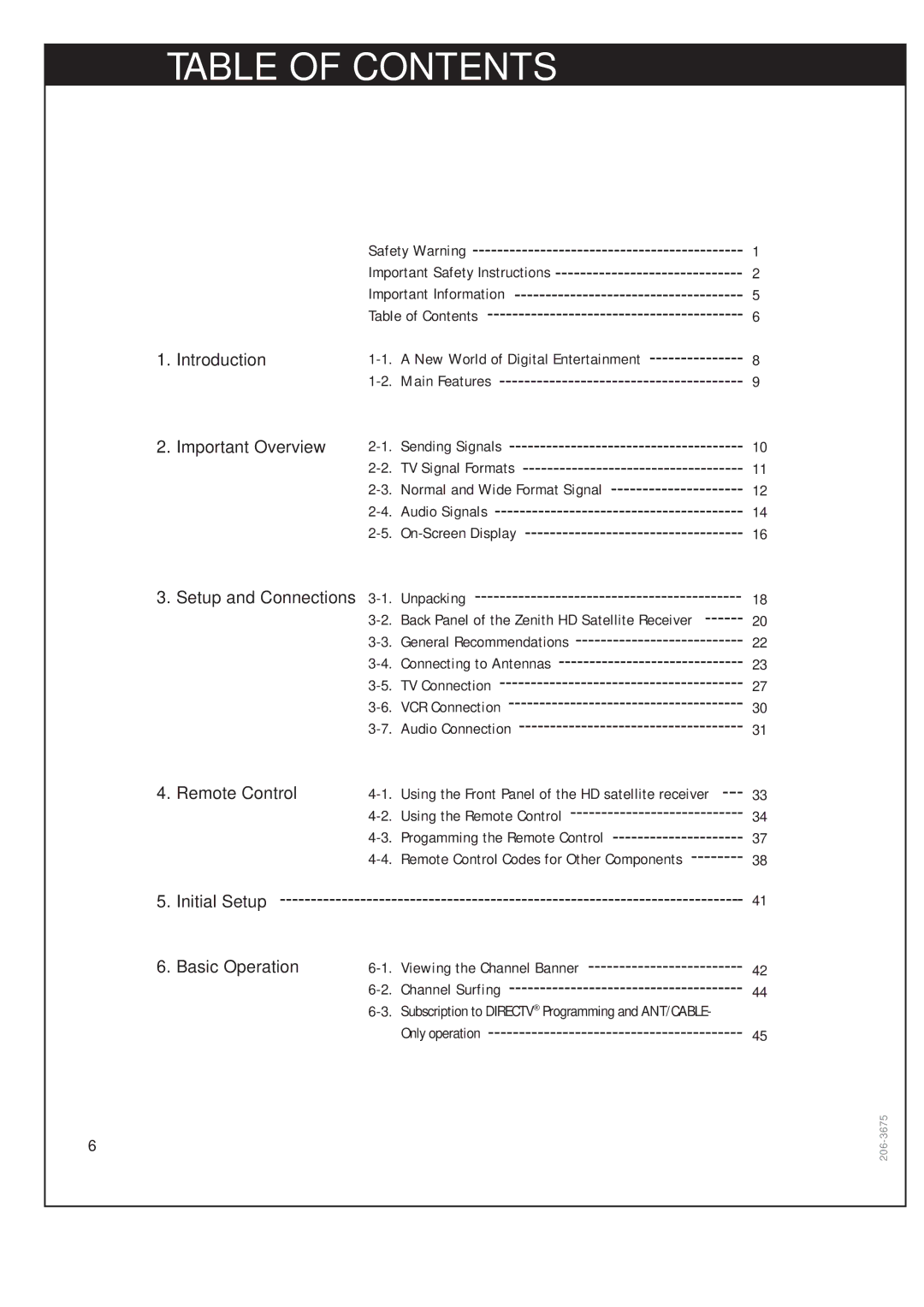 Zenith DTV1080 warranty Table of Contents 