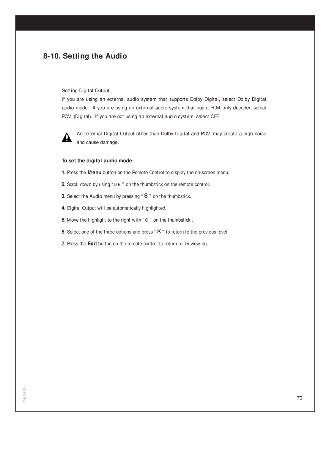 Zenith DTV1080 warranty Setting the Audio, Setting Digital Output, To set the digital audio mode 