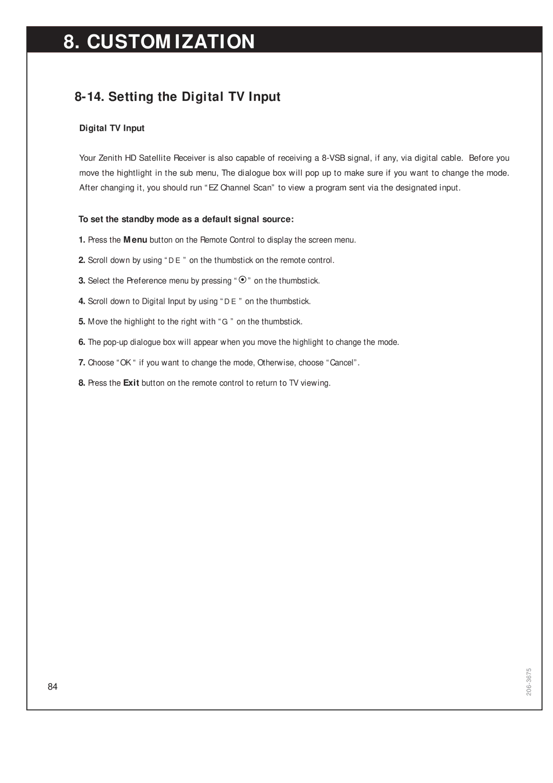 Zenith DTV1080 warranty Setting the Digital TV Input, To set the standby mode as a default signal source 