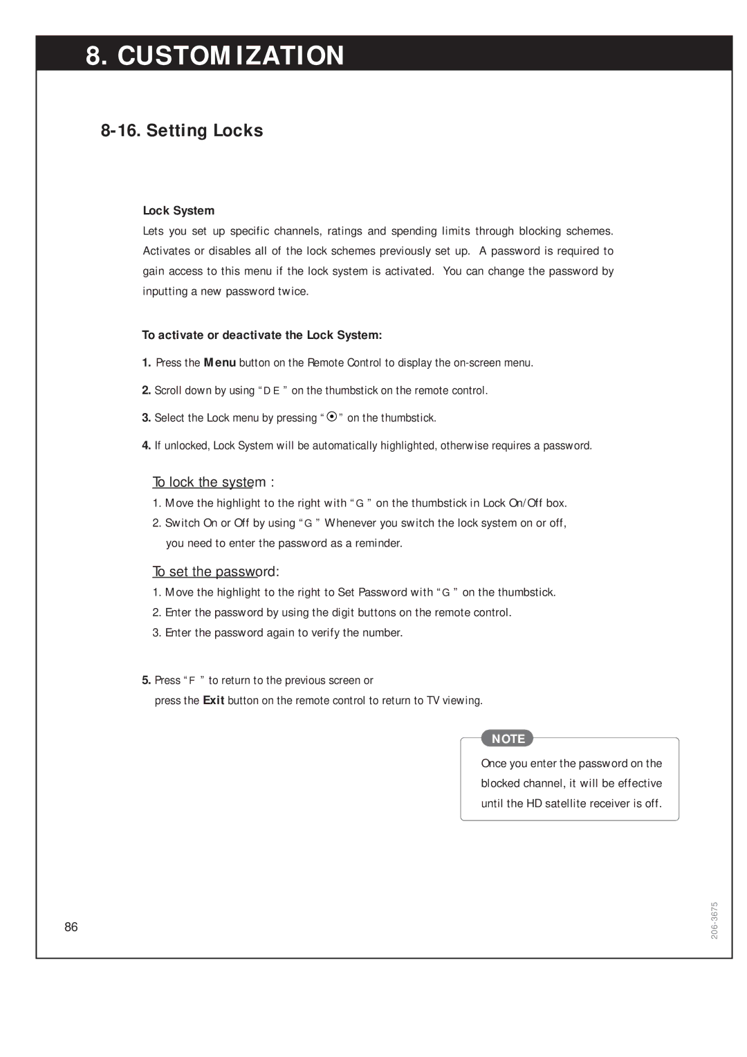 Zenith DTV1080 warranty Setting Locks, To activate or deactivate the Lock System 