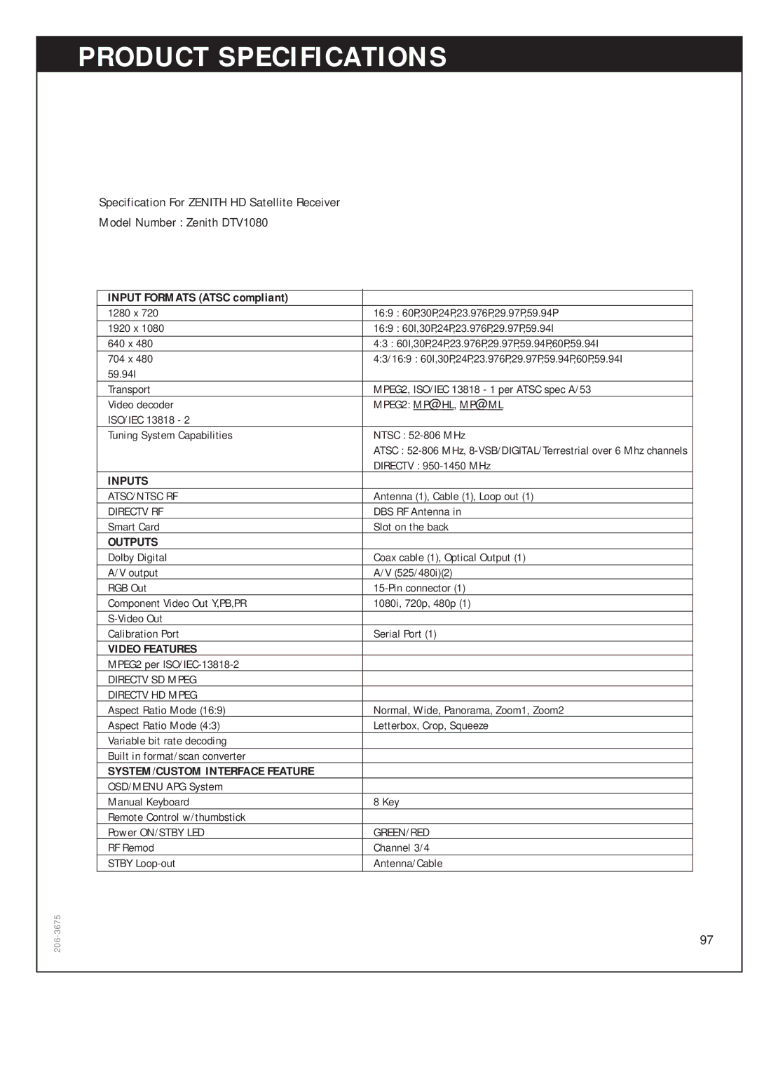 Zenith DTV1080 warranty Product Specifications, Input 