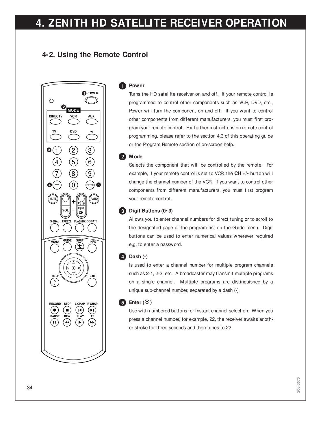 Zenith DTV1080 warranty Using the Remote Control, 3 1 2 4 5 7 8, Zenith Hd Satellite Receiver Operation, Power 