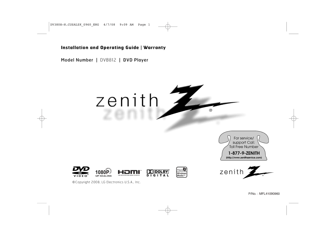 Zenith DV8812 warranty Installation and Operating Guide Warranty 