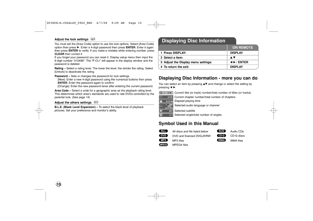 Zenith DV8812 warranty Displaying Disc Information more you can do, Symbol Used in this Manual 