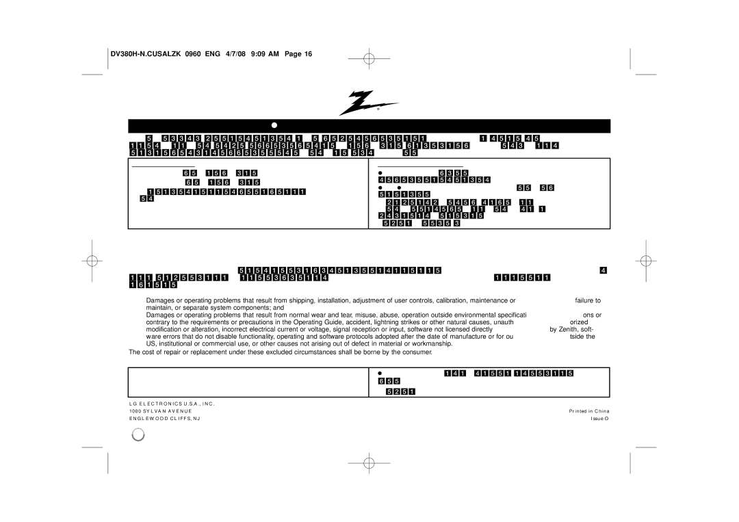 Zenith DV8812 warranty Zenith Electronics, Inc. Limited Warranty USA 