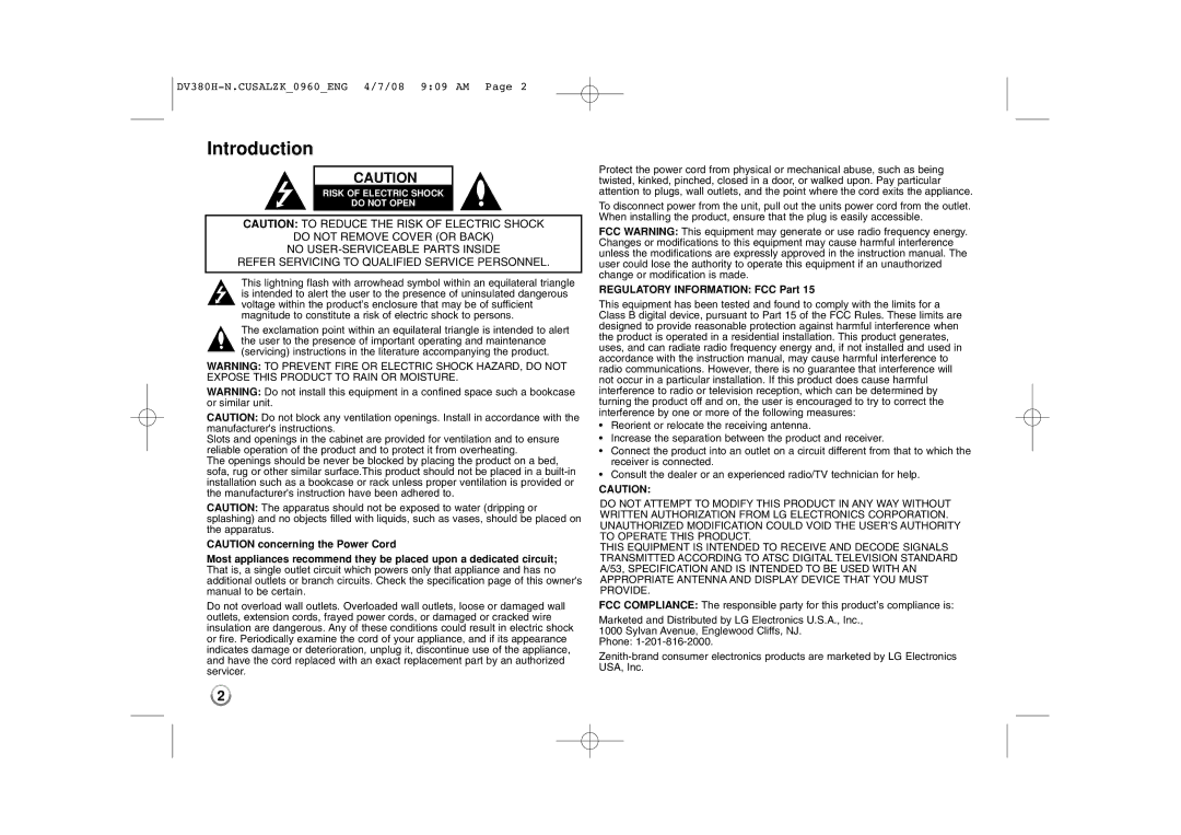 Zenith DV8812 warranty Introduction, Regulatory Information FCC Part 