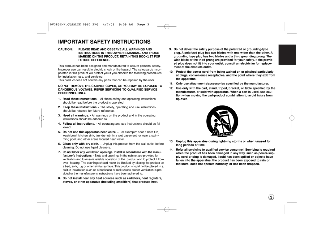 Zenith DV8812 warranty Important Safety Instructions 