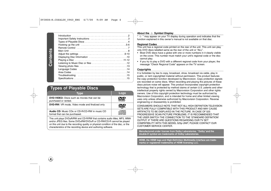 Zenith DV8812 warranty Types of Playable Discs, About the Symbol Display Regional Codes, Copyrights 