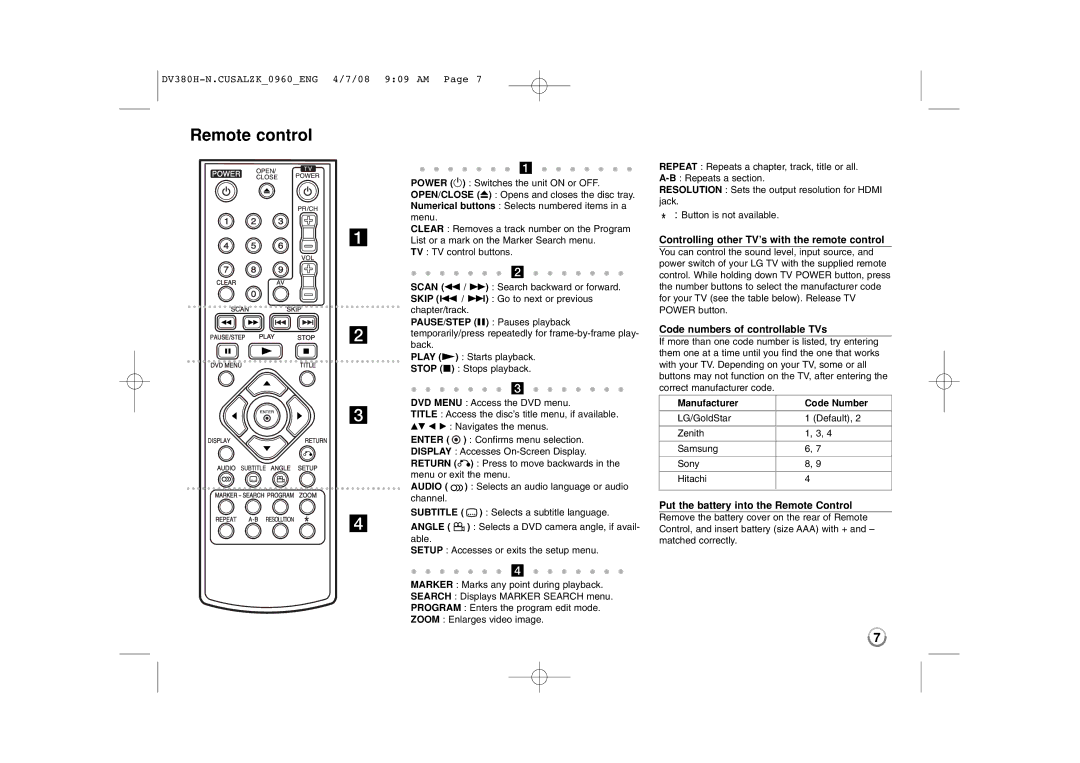 Zenith DV8812 warranty Remote control, Controlling other TV’s with the remote control, Code numbers of controllable TVs 