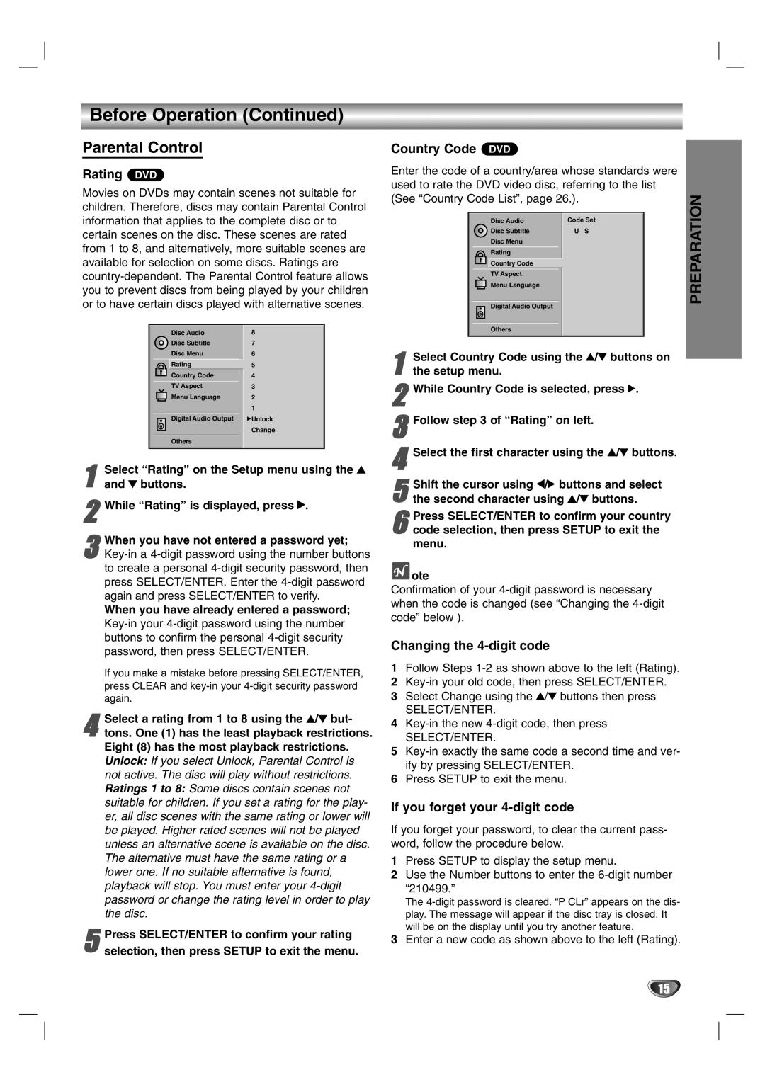 Zenith DVB251 Parental Control, Rating DVD, Country Code DVD, Changing the 4-digit code, If you forget your 4-digit code 