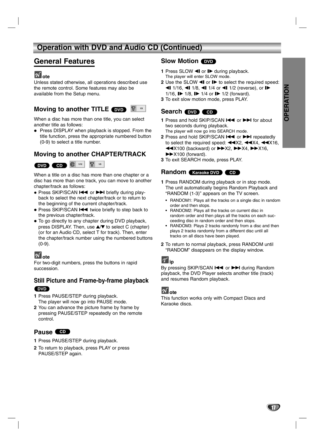 Zenith DVB251 warranty Operation with DVD and Audio CD General Features 