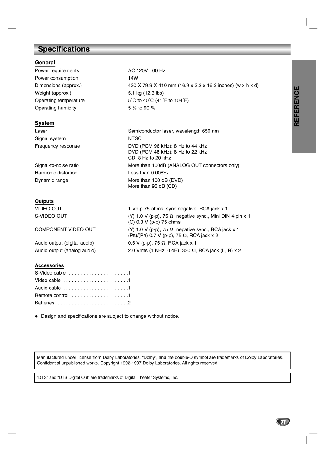 Zenith DVB251 warranty Specifications, General, System, Outputs, Accessories 