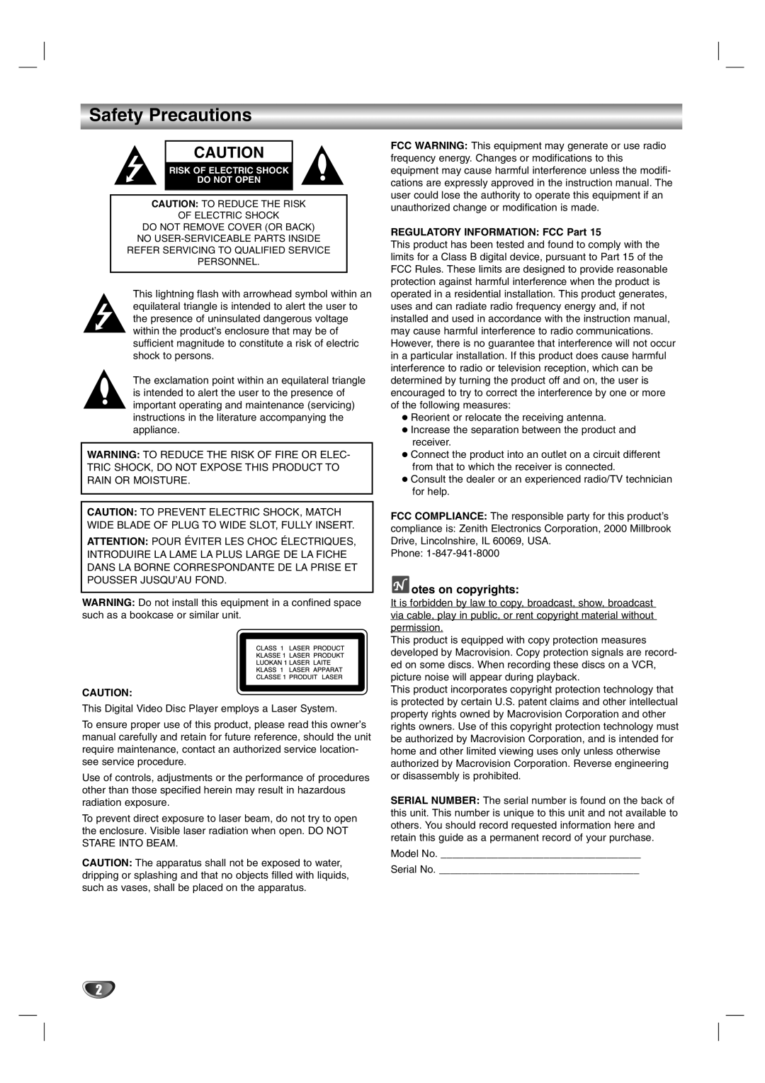 Zenith DVB251 warranty Safety Precautions, otes on copyrights, REGULATORY INFORMATION FCC Part 