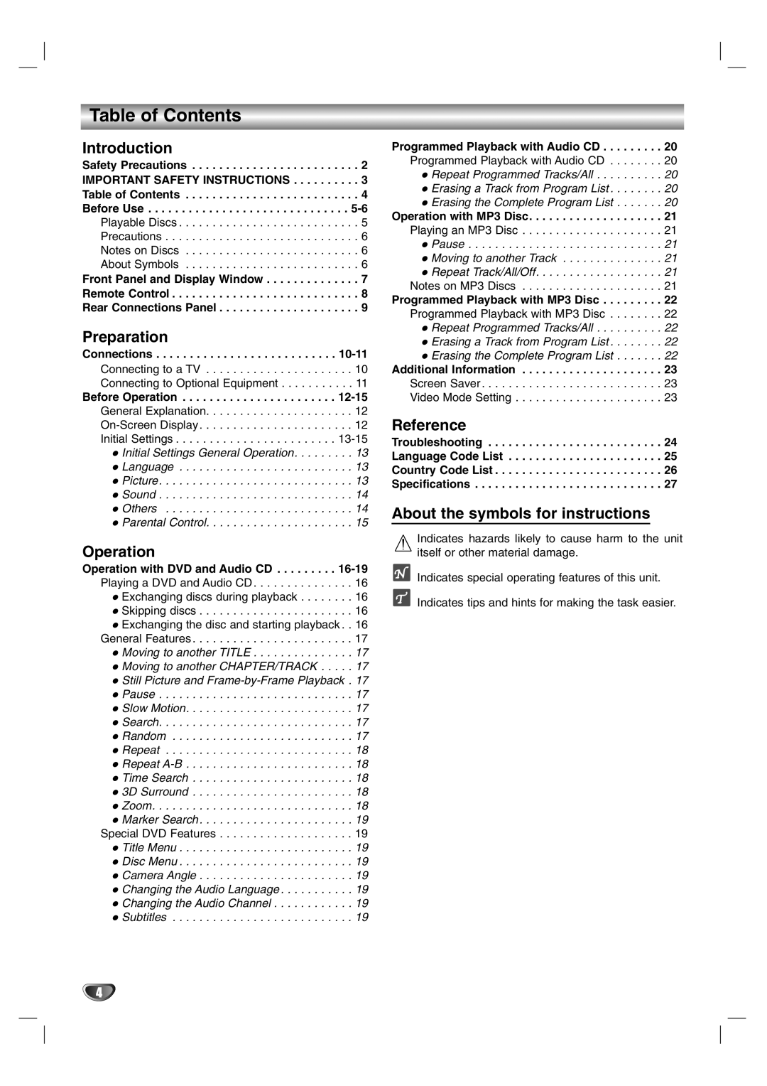 Zenith DVB251 Table of Contents, Introduction, Preparation, Operation, Reference, About the symbols for instructions 