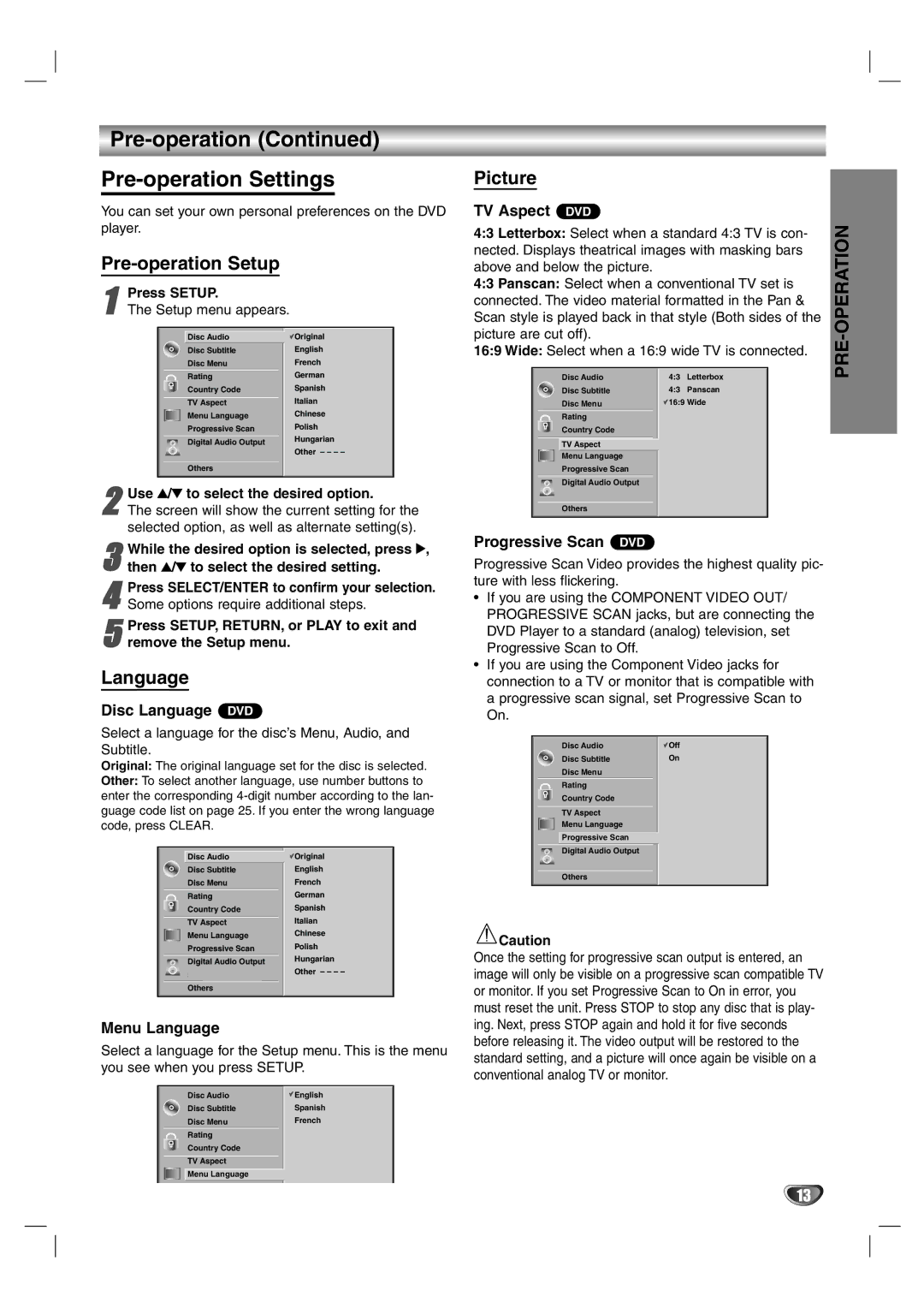 Zenith DVB352 warranty Pre-operation Pre-operation Settings, Pre-operation Setup, Language, Picture 