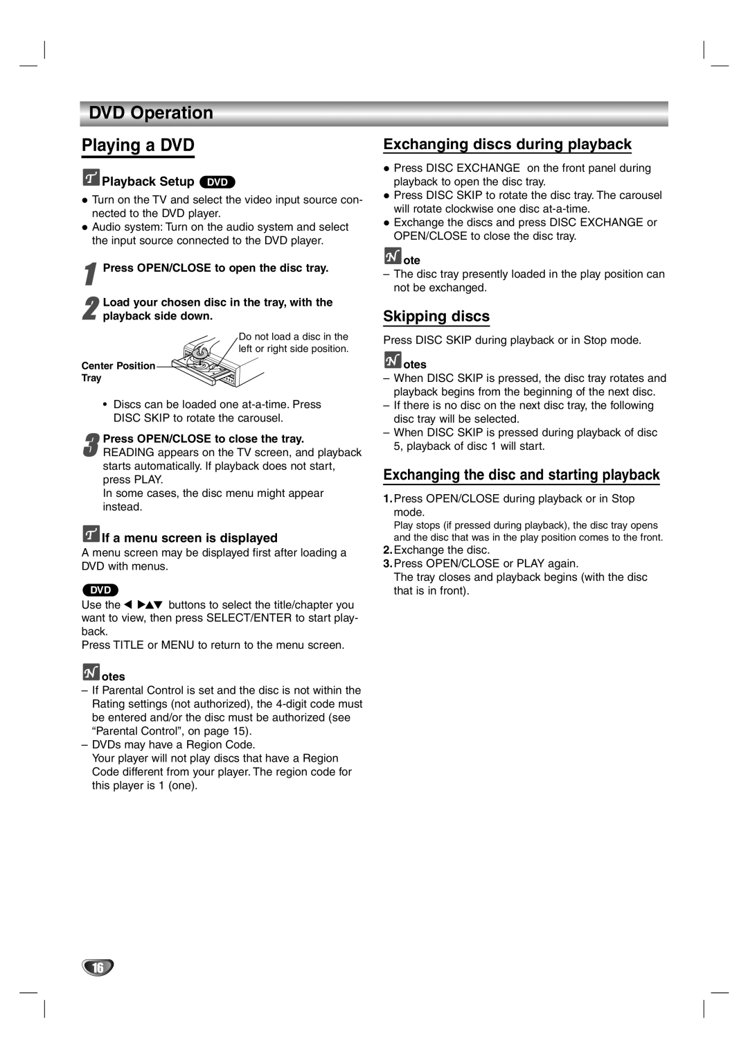 Zenith DVB352 warranty DVD Operation Playing a DVD, Exchanging discs during playback, Skipping discs 