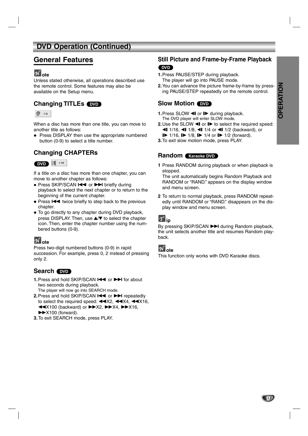 Zenith DVB352 warranty DVD Operation General Features, Changing TITLEs DVD, Changing CHAPTERs, Search DVD, Slow Motion DVD 