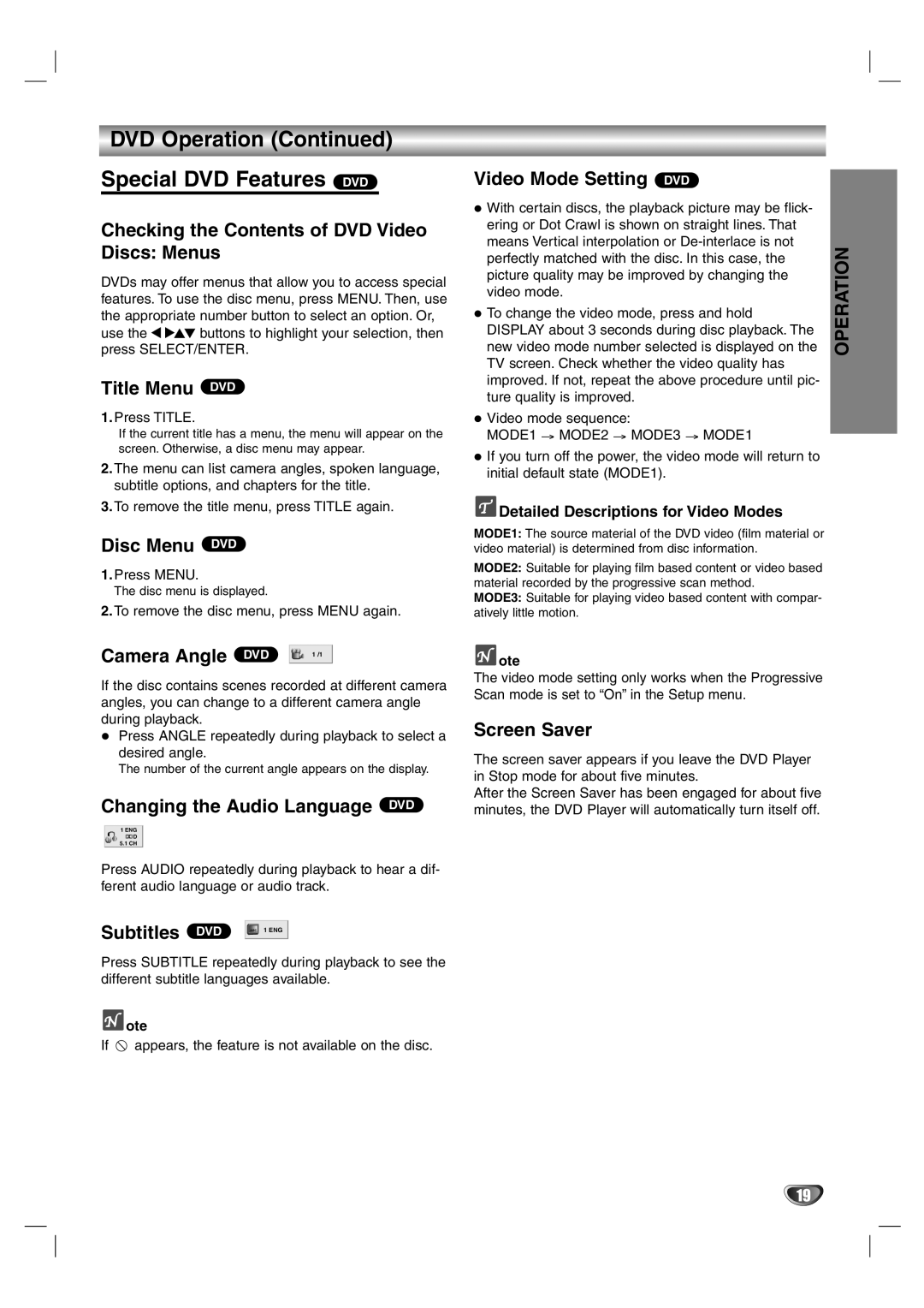 Zenith DVB352 warranty DVD Operation Special DVD Features DVD 