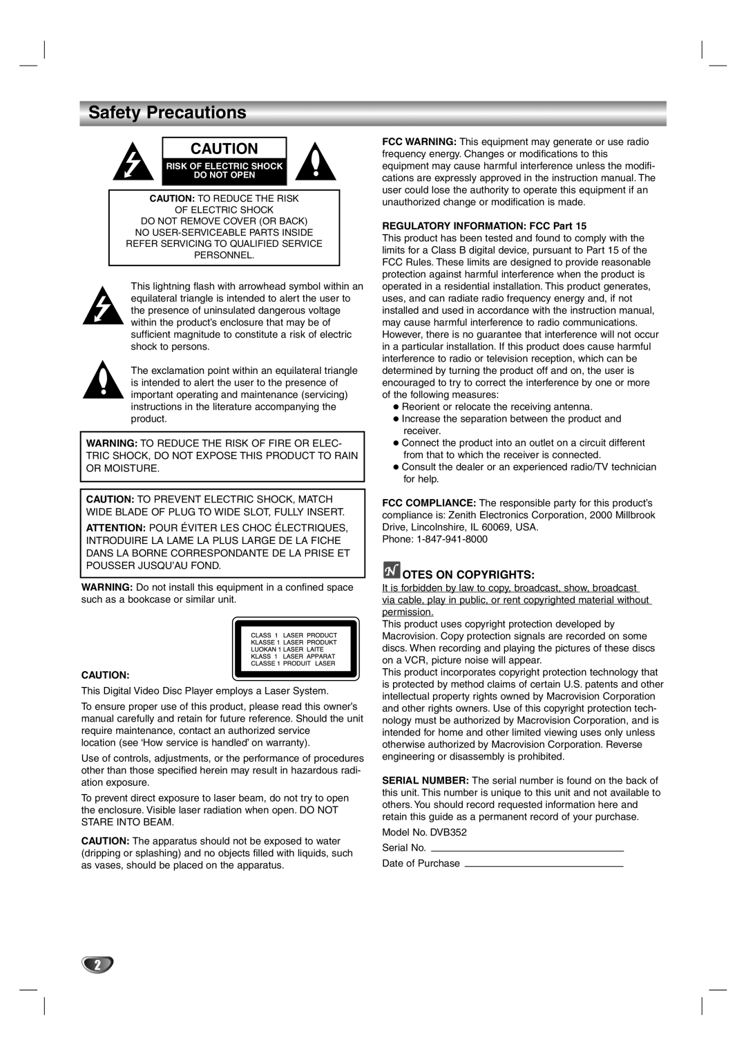 Zenith DVB352 warranty Safety Precautions, Regulatory Information FCC Part 