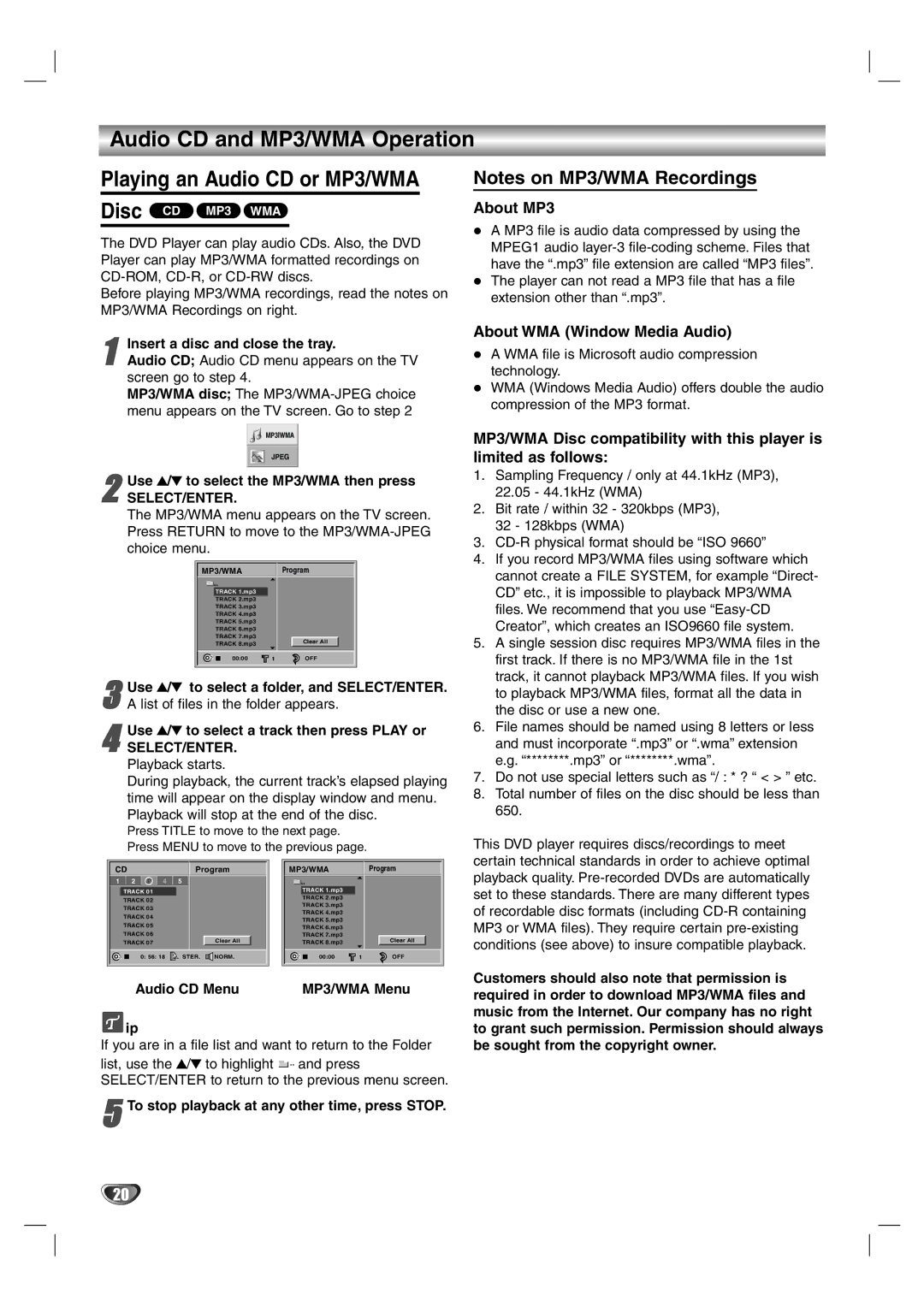 Zenith DVB352 warranty Audio CD and MP3/WMA Operation, About MP3, About WMA Window Media Audio, Audio CD Menu MP3/WMA Menu 