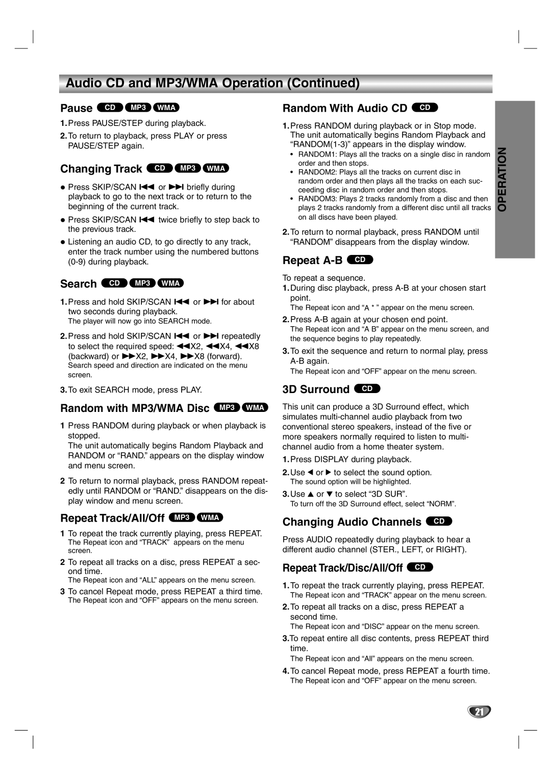 Zenith DVB352 Changing Track CD MP3 WMA, Random with MP3/WMA Disc MP3 WMA, Repeat Track/All/Off MP3 WMA, Repeat A-B CD 