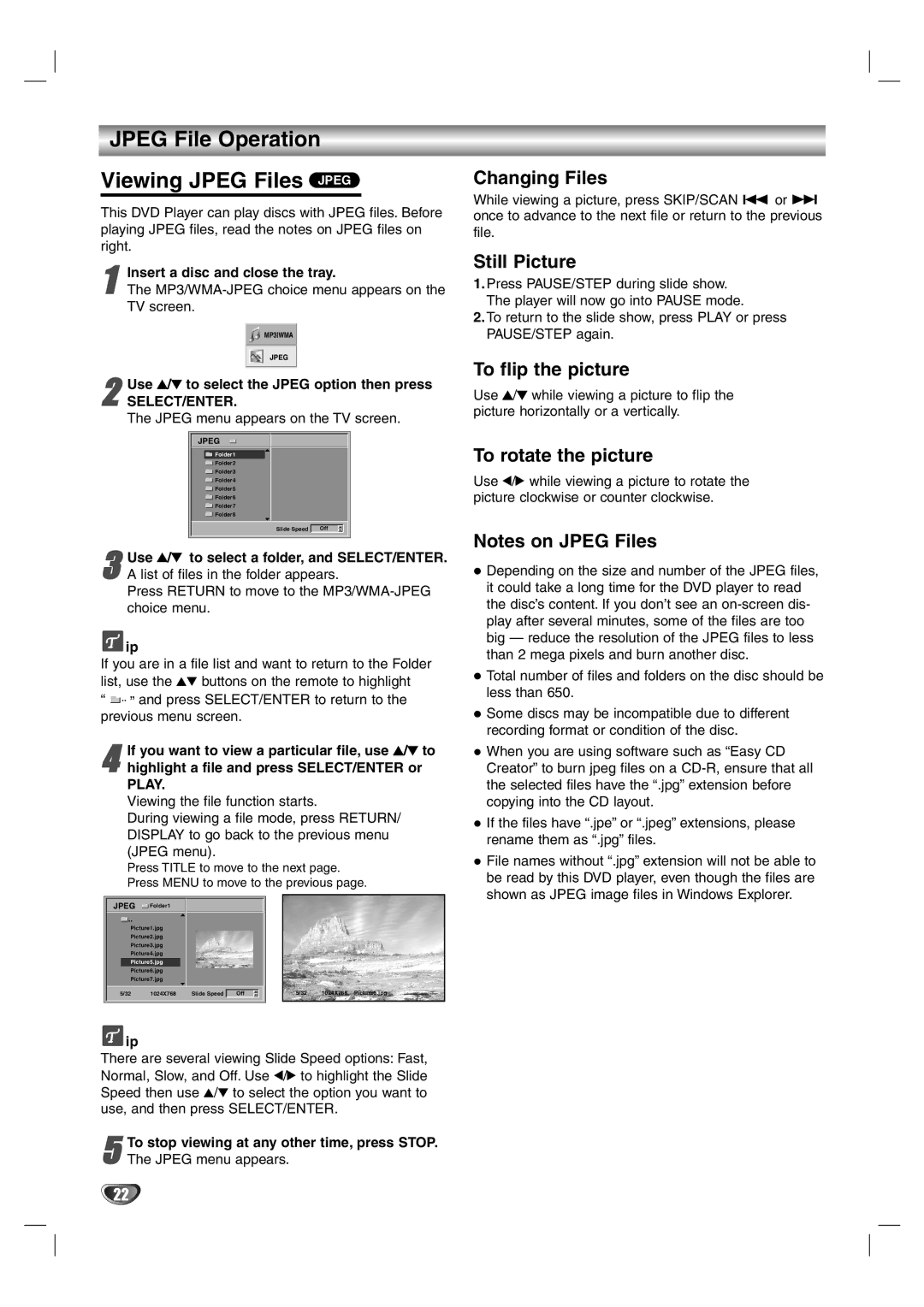 Zenith DVB352 warranty Jpeg File Operation Viewing Jpeg Files Jpeg, Changing Files, Still Picture, To flip the picture 