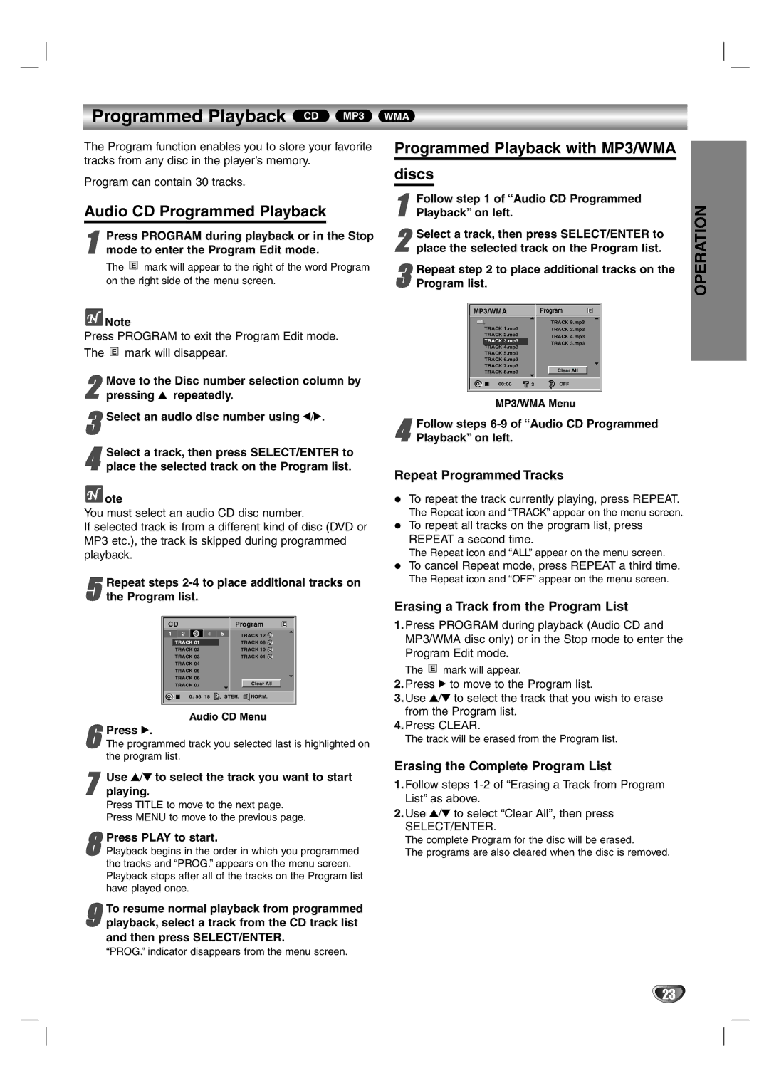 Zenith DVB352 warranty Programmed Playback CD MP3, Audio CD Programmed Playback, Programmed Playback with MP3/WMA Discs 