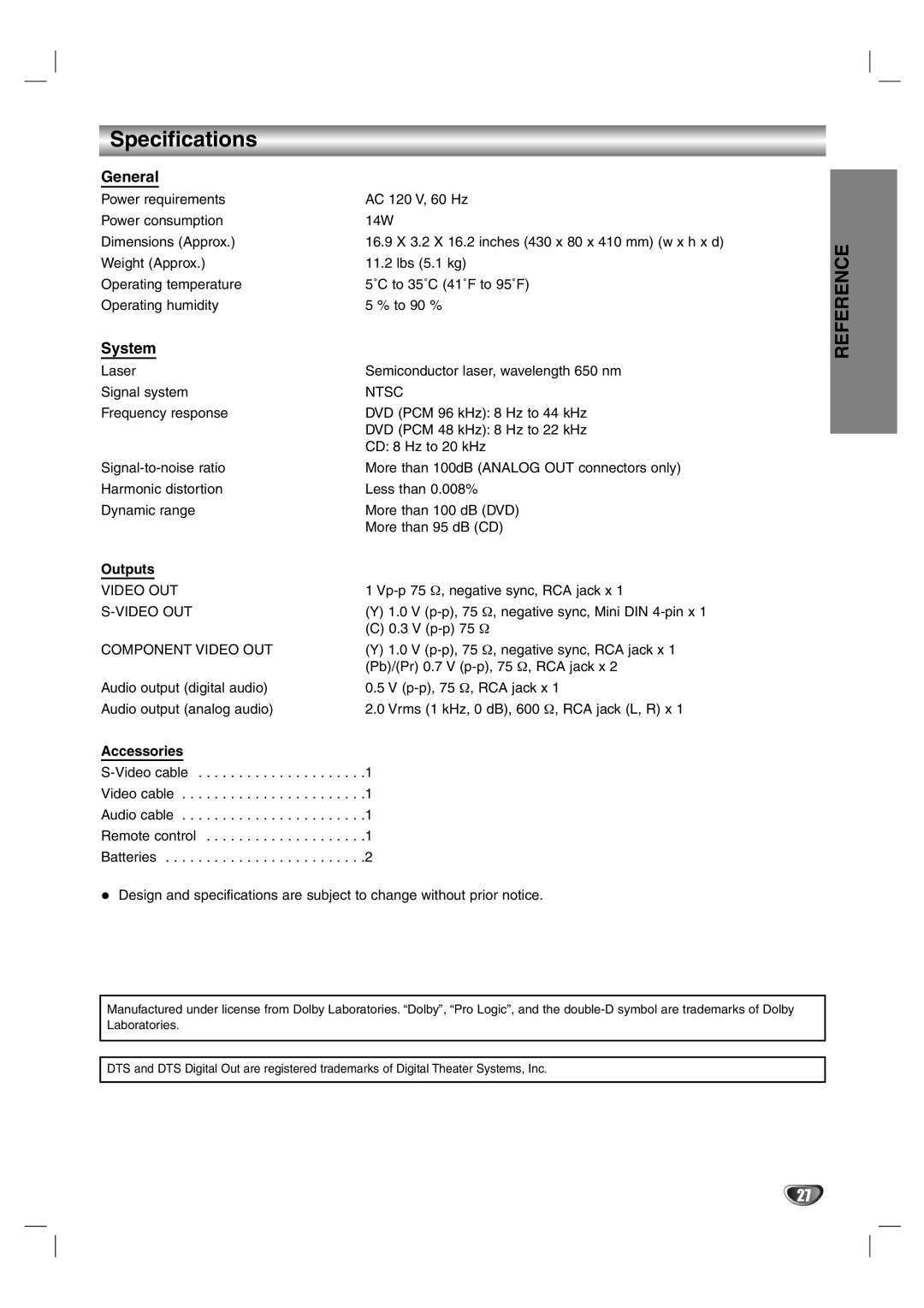 Zenith DVB352 warranty Specifications, General, System, Outputs, Accessories 