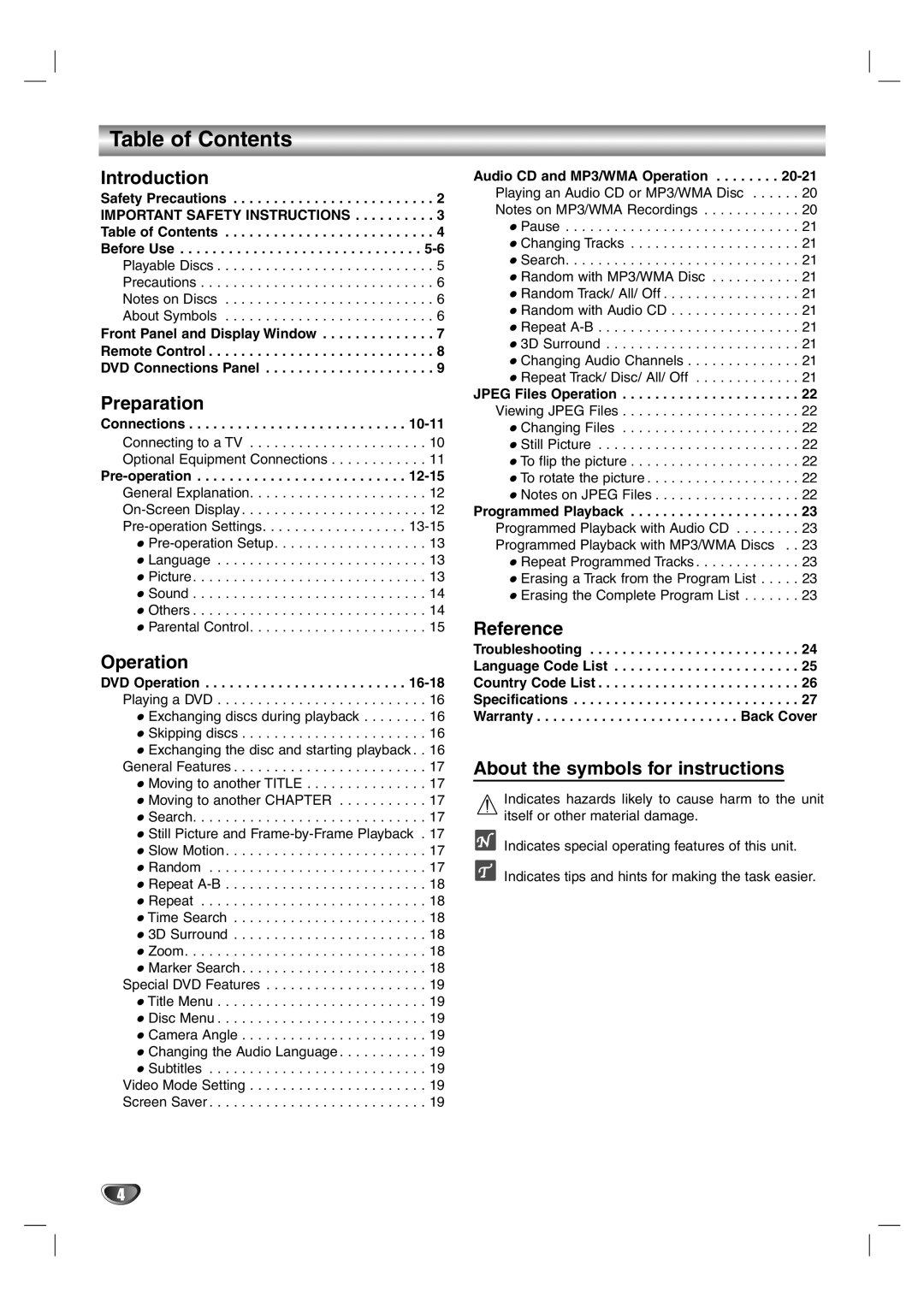 Zenith DVB352 warranty Table of Contents 