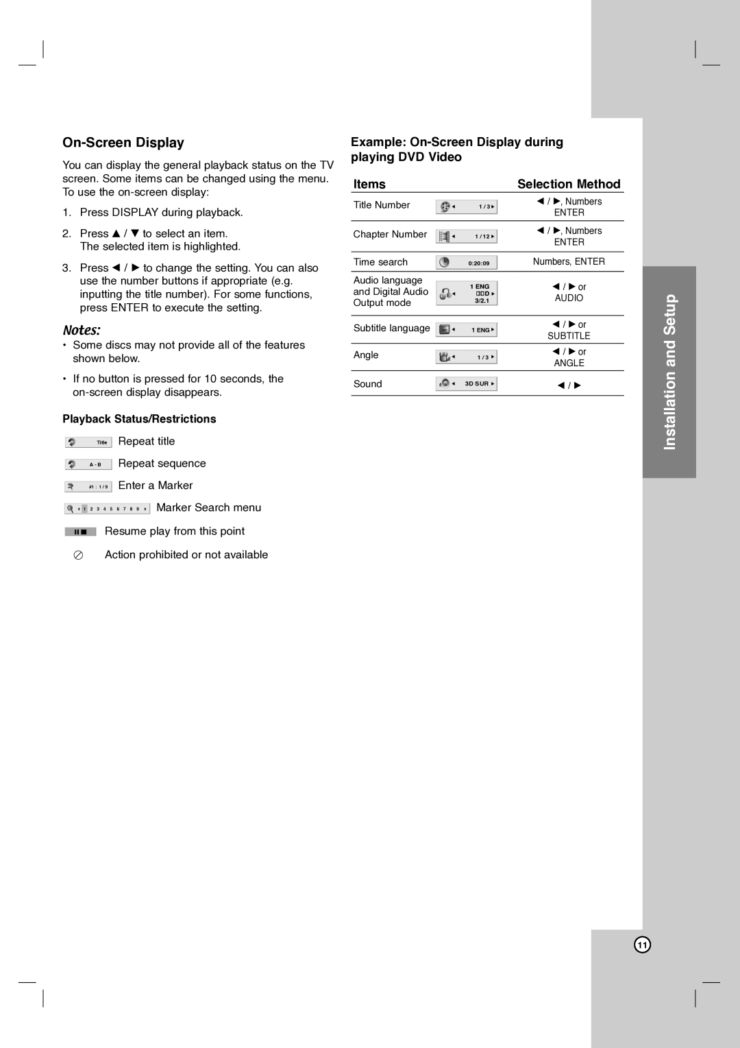 Zenith DVB412 warranty Setup, Installation, On-Screen Display, Playback Status/Restrictions 