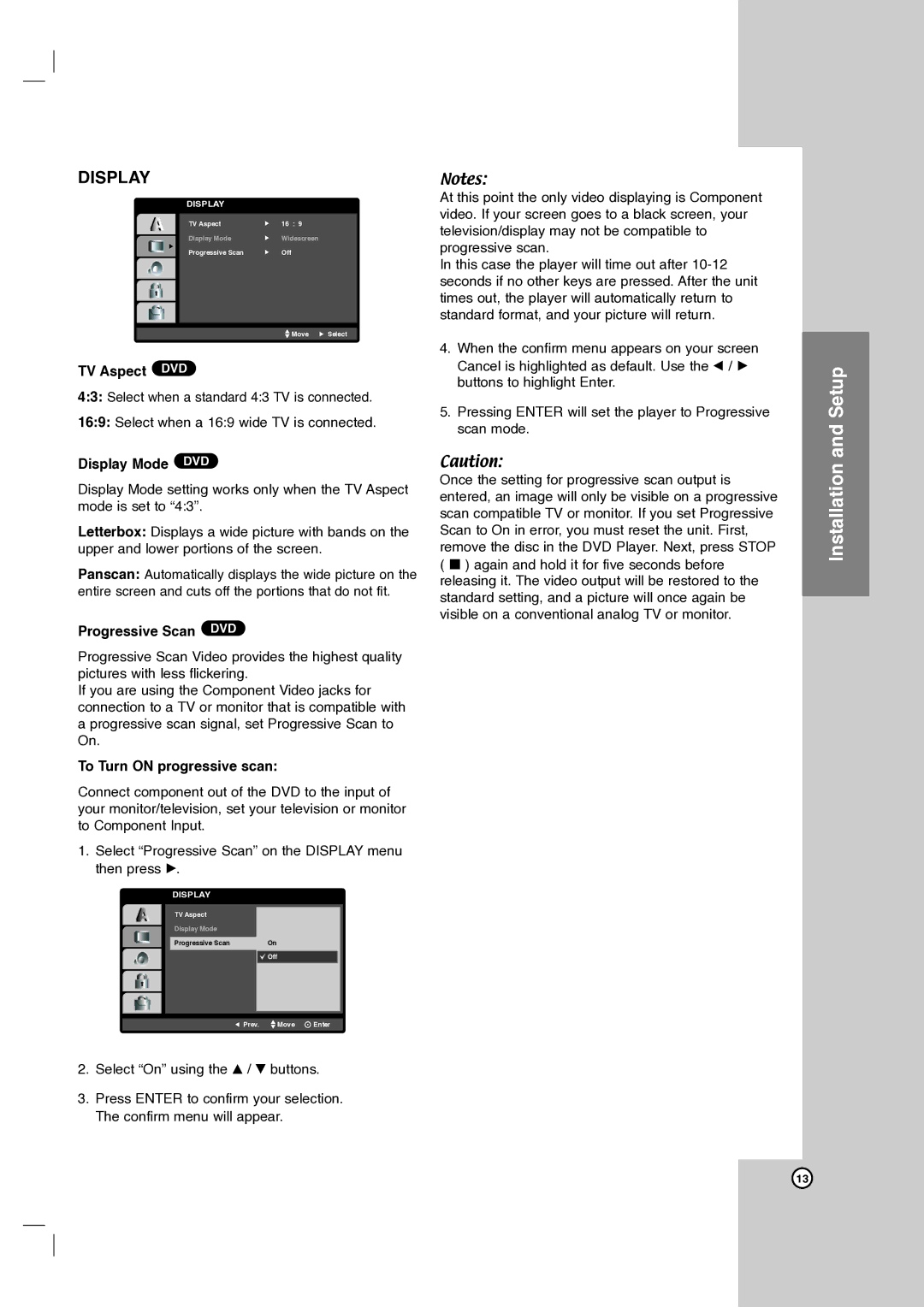 Zenith DVB412 warranty TV Aspect DVD, Display Mode DVD, Progressive Scan DVD, To Turn on progressive scan 