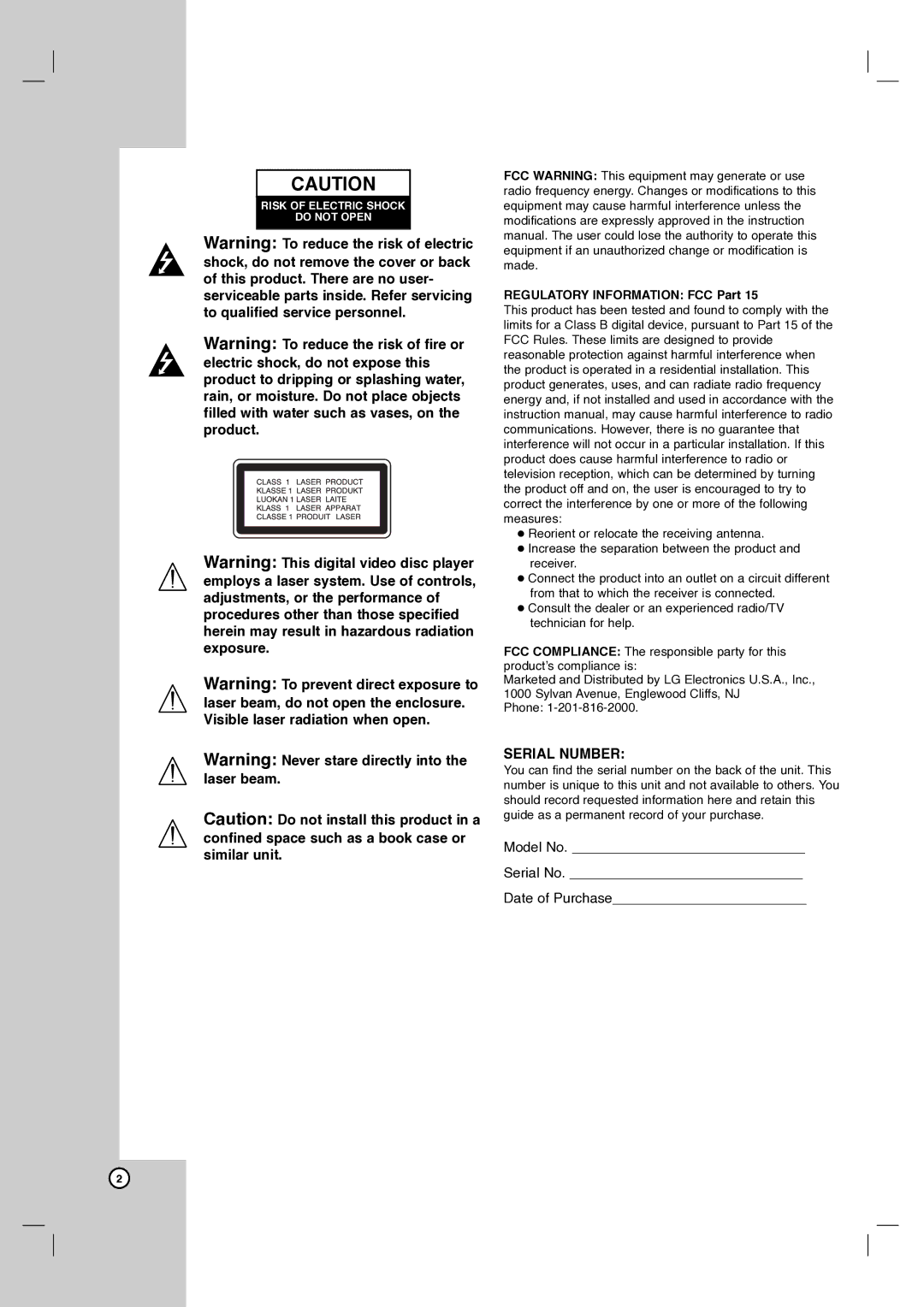 Zenith DVB412 warranty Serial Number, Regulatory Information FCC Part 