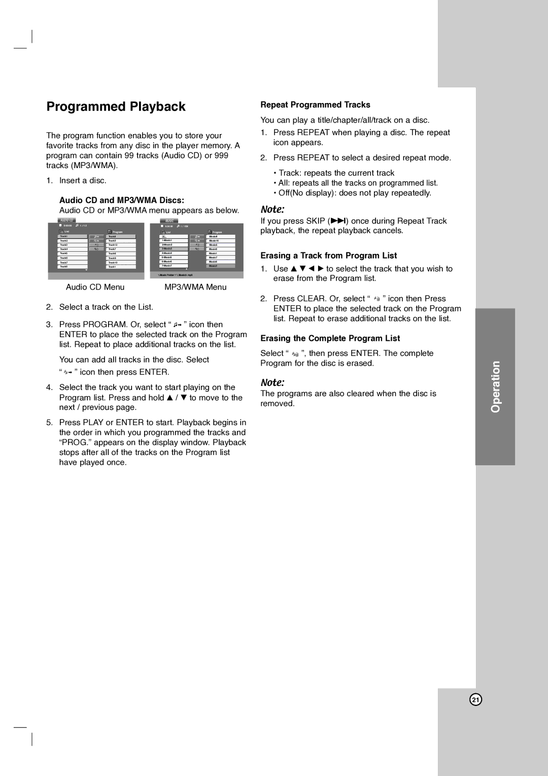 Zenith DVB412 Programmed Playback, Audio CD and MP3/WMA Discs, Repeat Programmed Tracks, Erasing a Track from Program List 