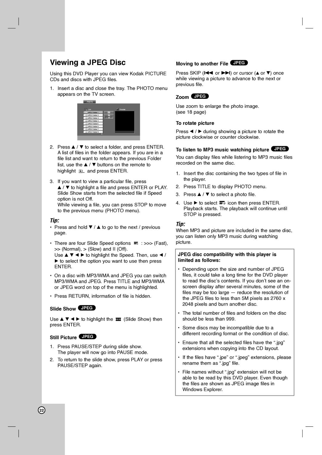 Zenith DVB412 warranty Viewing a Jpeg Disc 