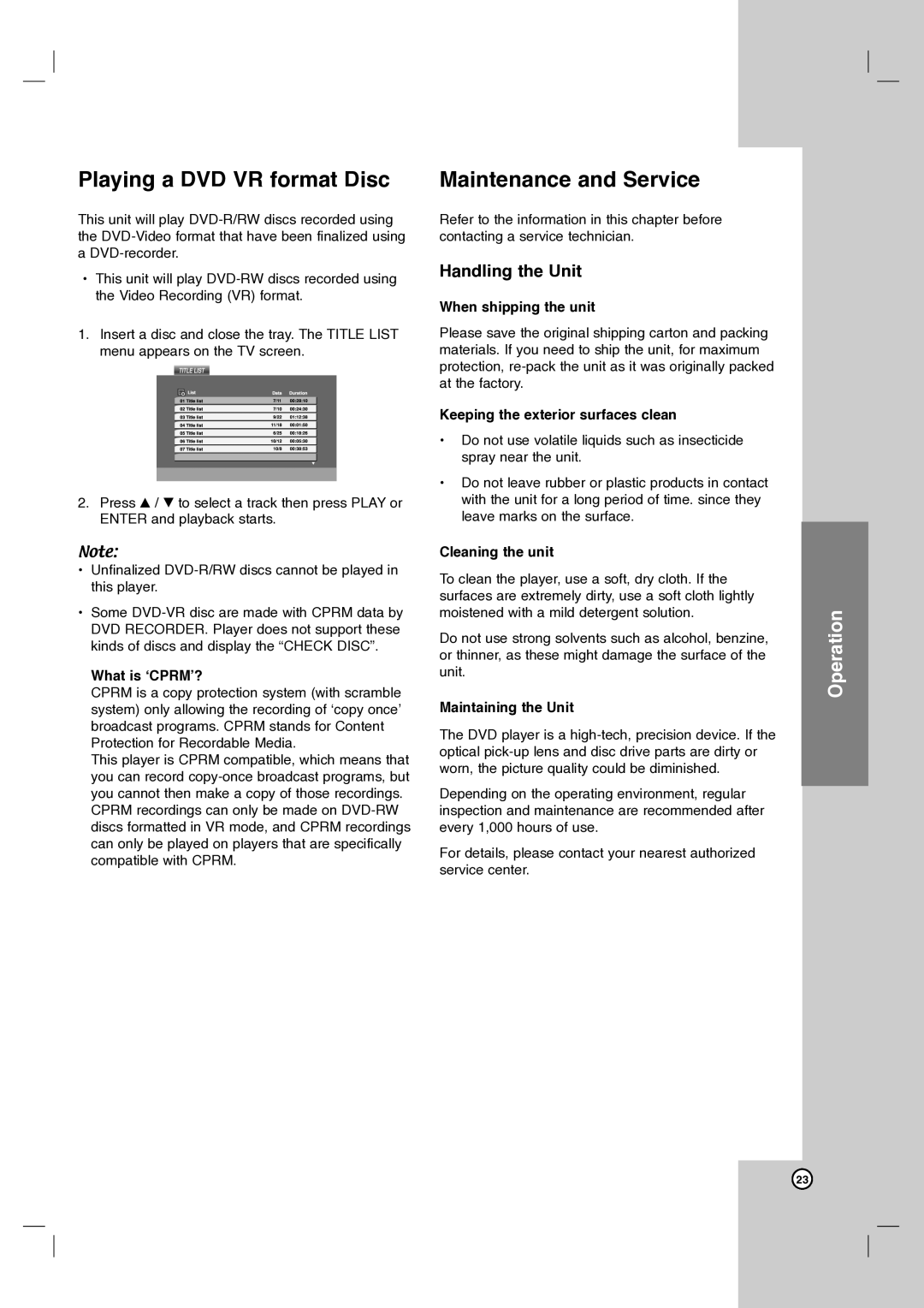 Zenith DVB412 warranty Playing a DVD VR format Disc, Maintenance and Service, Handling the Unit 