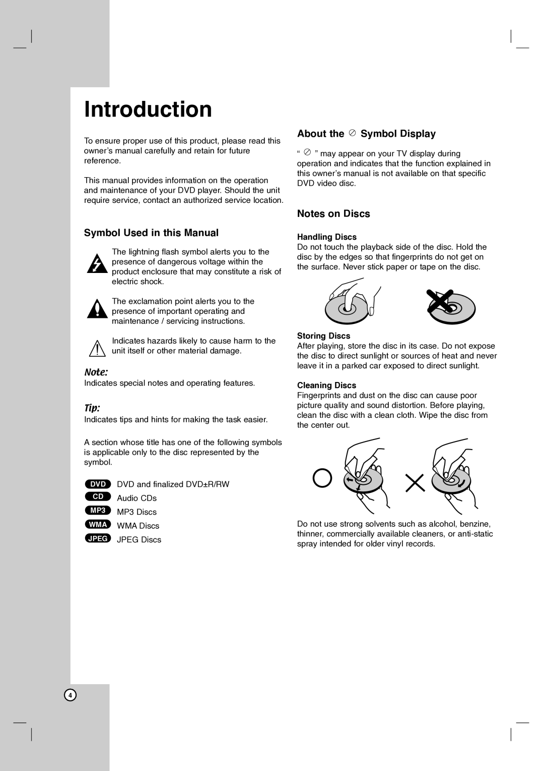 Zenith DVB412 warranty Symbol Used in this Manual, About the Symbol Display, Handling Discs, Storing Discs, Cleaning Discs 