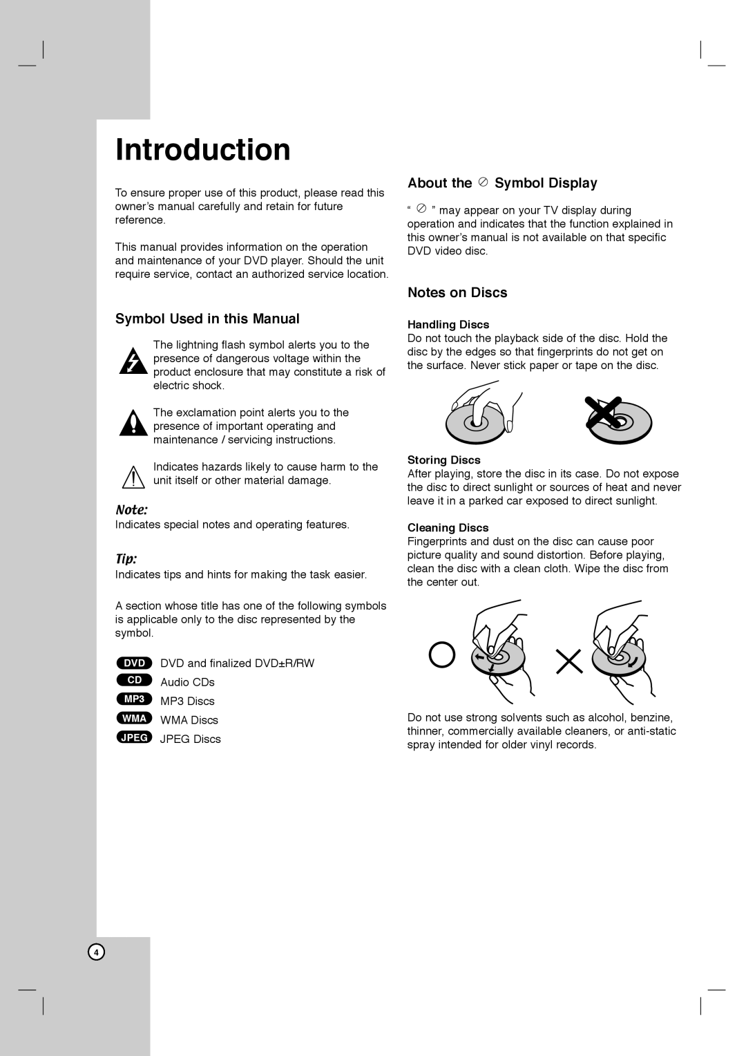 Zenith DVB412 warranty Symbol Used in this Manual, About the Symbol Display, Handling Discs, Storing Discs, Cleaning Discs 