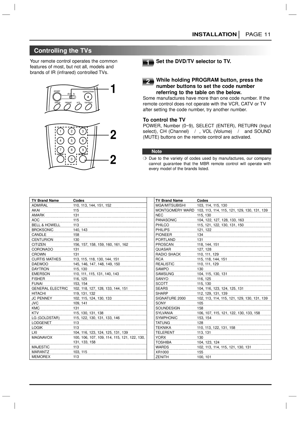 Zenith DVD-2220 warranty Controlling the TVs 